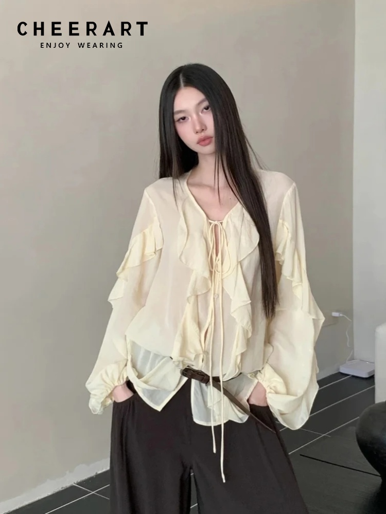 CHEERART Ruffles V Neck Tie Fr - đánh giá và giá Street Fashion Fall 2025