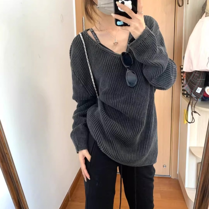V-neck Washed Solid Color Casu - đánh giá và giá Street Fashion Winter 2025