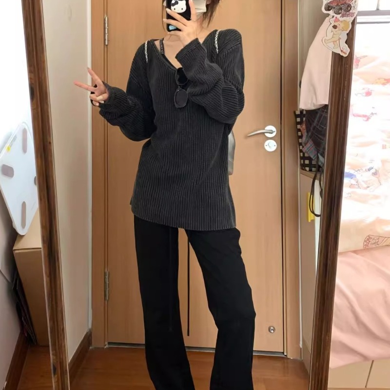 V-neck Washed Solid Color Casu - đánh giá và giá Street Fashion Winter 2025