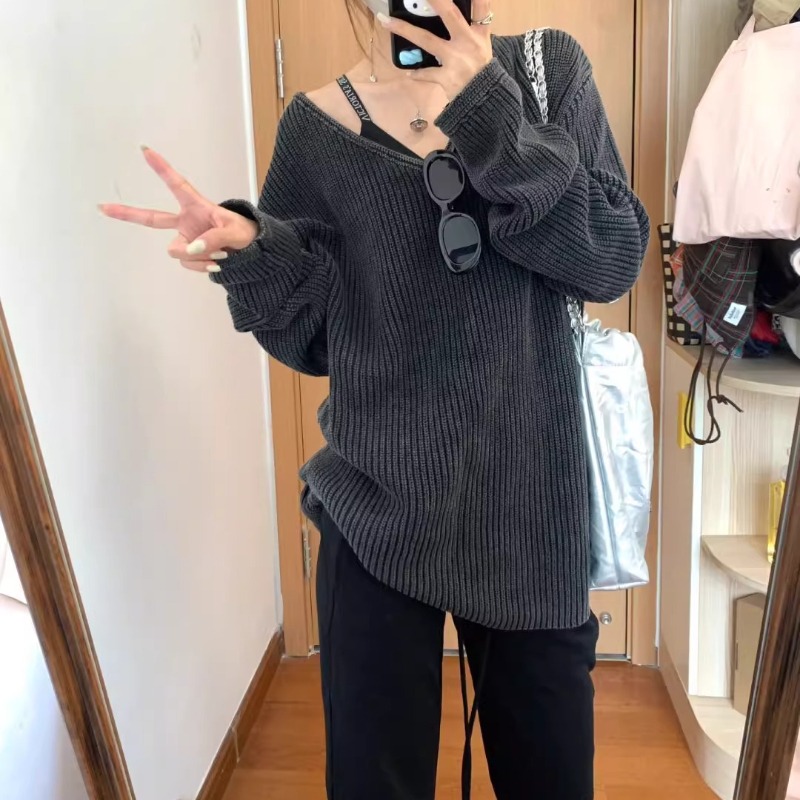 V-neck Washed Solid Color Casu - đánh giá và giá Street Fashion Winter 2025