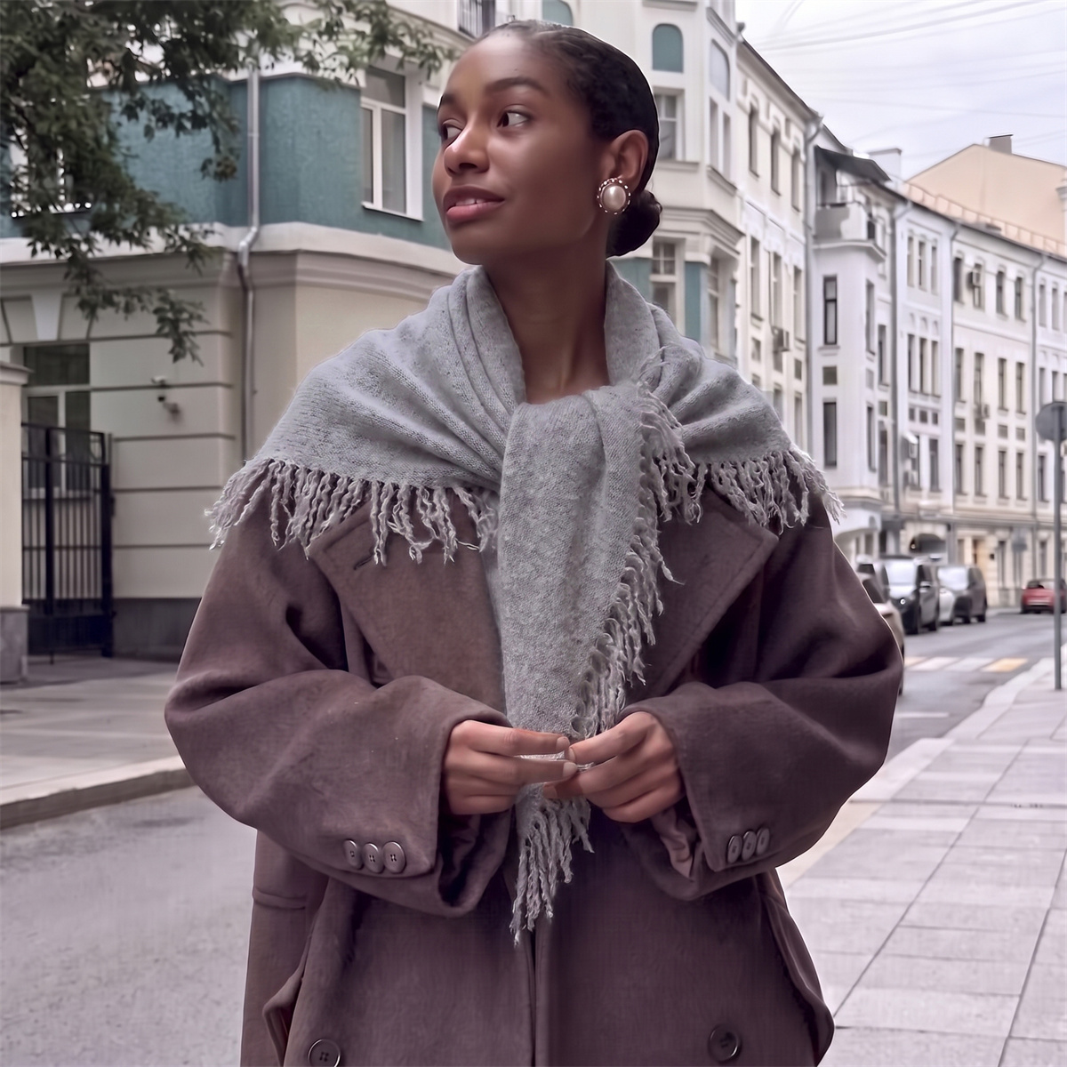 Solid Light Grey Tassel Triang - đánh giá và giá Street Fashion Hijab